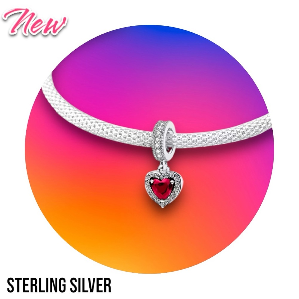 New .925 Sterling Silver Zircon Red Love Heart Dangle Pendant Charm Jewelry - Picture 2 of 3